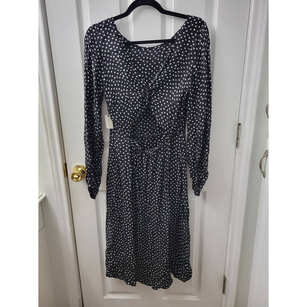 Anthropologie Black Polka Dot Twist Back Long Sleeve Midi Dress US 6 OBI090160